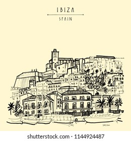 Old city seafront of Ibiza Town, Balearic islands, Spain, Europe. Ibiza castle. Quay sea front historical buildings.Travel sketch. Hand drawn vintage book illustration, postcard, poster in vector