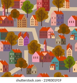 Old city seamless pattern, minimal flat style. Autumn landscape city architecture