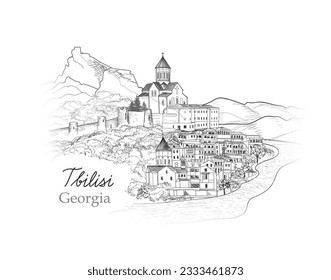 Old city skyline view. Capital cityTbilsi cityscape. Landscape with mountains, hills, river, ancient cathedral and old city steets of downtown.  Sketch drawing illustration