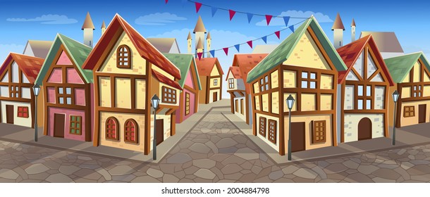  Old city street with chalet style houses. Vector illustration in cartoon style. Medieval town street with old  buildings by the day.