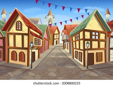  Old city street with chalet style houses. Vector illustration in cartoon style. Medieval town street with old  buildings at night.