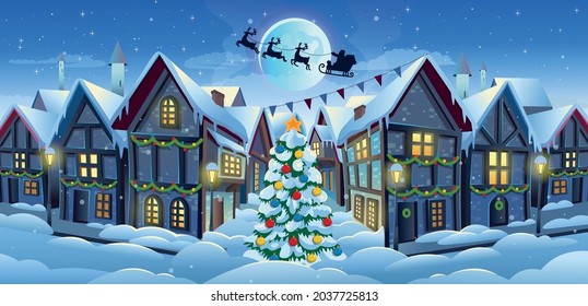  Old city street with chalet style houses and christmas tree in winter. Vector cartoon illustration.  Medieval town street with old  buildings at night. Concept of winter and christmas background.