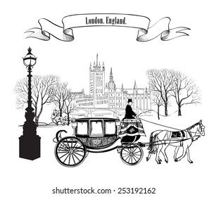 Old city street. Cityscape: buildings, trees, carriage. London city. England, UK. Travel card