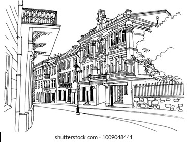 Old city street in hand drawn line sketch style. Urban romantic landscape. Black and white vector illustration on white background