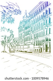 Old city street in hand drawn line sketch style. Urban romantic landscape with tram. Colorful vector illustration on white background