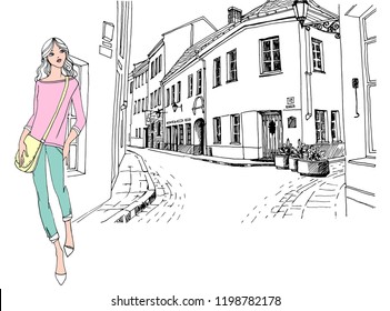 Old city street in hand drawn sketch style. Vector illustration. Small European town and young girl. Vintage landscape on white background