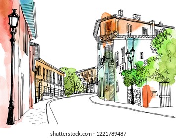 Old city street in hand drawn sketch style. Vector illustration. Small European city. Colorful urban landscape on watercolor background