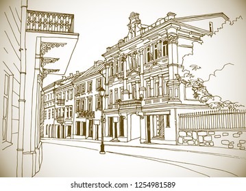 Old city street in hand drawn line sketch style. Urban romantic landscape. Vilnius.  Lithuania. Sepia vector illustration on white background