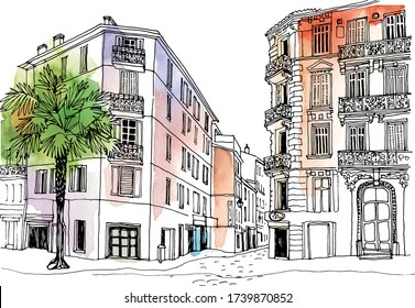 Old city street in hand drawn line sketch style. Vector illustration. Small European city. Provence, Cannes, France. Colorful urban landscape on watercolor background