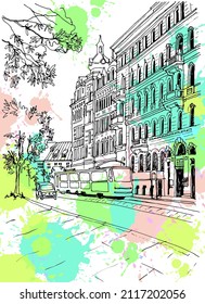 Old city street in hand drawn sketch style. Riga, Latvia. Nice European city. Urban landscape. Vector illustration on colorful blobs background. Without people.