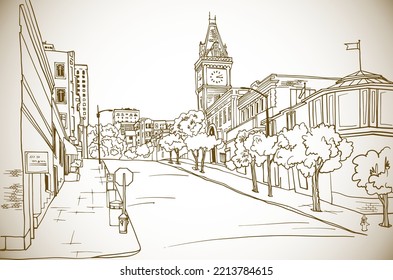 Calle de la ciudad vieja con estilo de esbozo de línea dibujado a mano. El paisaje romántico urbano. San Francisco, California, Estados Unidos. Ilustración sepia sobre fondo blanco