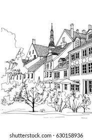 Old city street in hand drawn sketch style. Vector illustration. Small European city. Urban landscape on white background