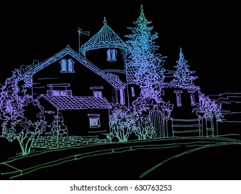 Old city street in hand drawn sketch style. Vector illustration. Small European city. Vintage Urban landscape on black background