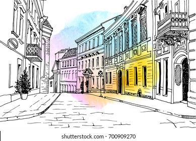 Old City Street In Hand Drawn Line Art Sketch Style. Vector Illustration. Small European Town. Vintage Landscape On Background Watercolor