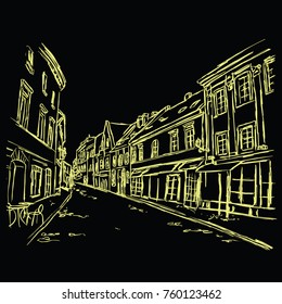 Old city street in hand drawn line sketch style. Old city landscape. Vector illustration.