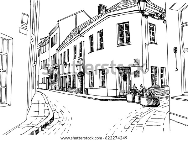 手描きの線画スケッチスタイルで 古い市街道 ベクターイラスト ヨーロッパの小さな町 白い背景にビンテージ風景 のベクター画像素材 ロイヤリティフリー