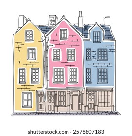 Old city street large building with a lot of windows and a chimney. House sketch style colored hand drawn vector illustration isolated on white background