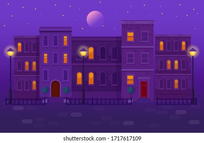 Old city street at night. Light from the lanterns and the moon. Flat vector illustration 