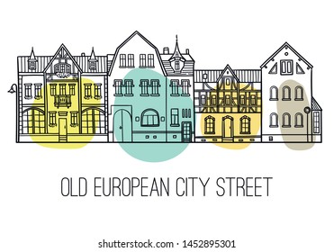 Old city street sketch 2. European cityscape with building facades. Vector illustration of city buildings in hand drawn style. Isolated on white background. Picture for decoration and coloring