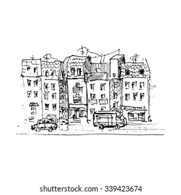 Old city street. Vector illustration isolated on white background