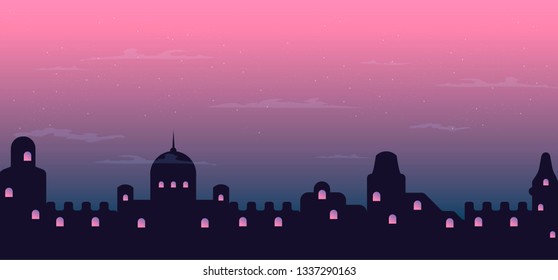 old city in the twilight vector illustration, cityscape silhouette, illuminated windows