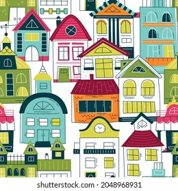 Old city - vector seamless pattern in scandinavian style. Repeating pattern for fabric, textile, wallpaper, posters, gift wrapping paper, napkins, tablecloths. Print for kids, children. 