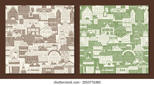 Alte Stadt - Vektorset nahtloser Muster im skandinavischen Stil. Wiederholungsmuster für Gewebe, Textilien, Tapeten, Poster, Geschenkpapier, Servietten, Tischdecken. Drucken für Kinder, Kinder. 