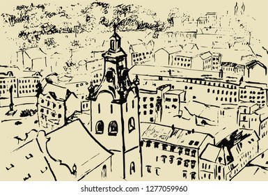 Old city view. Graphic drawing