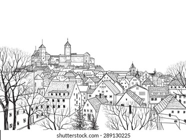 Old city view. Medieval european castle landscape. Pencil drawn vector sketch