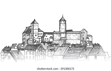 Old city view. Medieval european castle landscape. Pencil drawn vector sketch