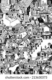 old city view, rooftops, stairs, towers, windows, walls/pattern medieval city/digital vector