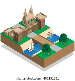 The Old City Wall And A Moat. Isometric. Vector Illustration.