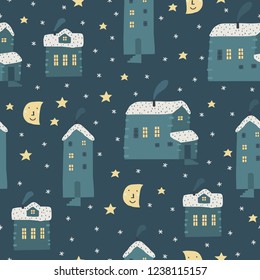 Old city at the winter night. Cute seamless pattern for your design and decoration.