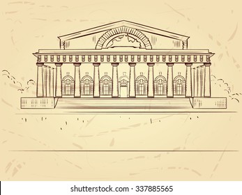 Old classic building with columns. Hand drawn vector illustration. St. Petersburg Old Stock Exchange.