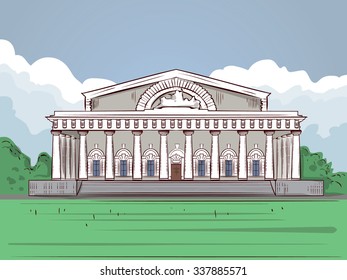 Old classic building with columns. Hand drawn vector illustration. St. Petersburg Old Stock Exchange.