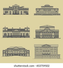 Old Classic Buildings Facades Set Line Drawing