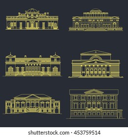 Old Classic Buildings Facades Set Line Drawing