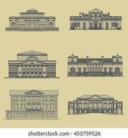 Old Classic Buildings Facades Set Line Drawing