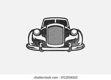 Old classic car silhouette hand drawn ink stamp vector illustration. Vintage retro car service emblem grunge texture effect for poster or label decoration