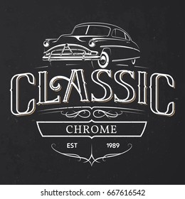 Old classic car typography poster on grunge dark background.