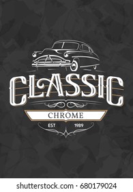 Old classic car typography poster on grunge dark background. T-shirt print design.