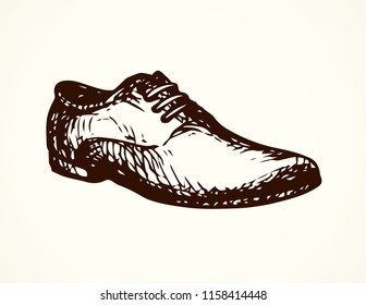 Old classic doeskin mocassin on light backdrop. Freehand outline dark ink hand drawn sneakers logotype emblem sketchy in retro art doodle cartoon style pen on paper space for text. Side closeup view