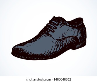 Old classic doeskin mocassin on light backdrop. Freehand outline dark ink hand drawn sneakers logotype emblem sketchy in retro art doodle cartoon style pen on paper space for text. Side closeup view