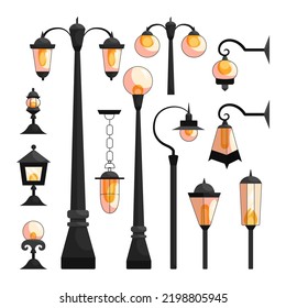 Old classic lamp posts cartoon illustration set. Retro lanterns, vintage streetlights or electric streetlamps. Design objects, outdoor city lighting, street road light concept