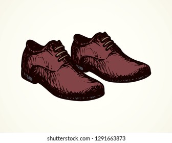 Old classic mauve doeskin mocassin on light backdrop. Dark black ink color hand drawn sneakers logo emblem sketchy in retro art doodle cartoon style on paper space for text. Side closeup view