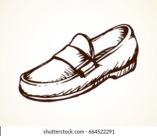 Old classic mocassin isolated on light backdrop. Freehand linear dark ink hand drawn picture emblem sketchy in art scribble retro cartoon style pen on paper. Side close up view with space for text