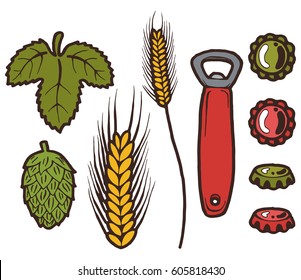 Old classic opener for beer bottles, metal caps for bottles, leaves and cones of hops, ears of barley. Hand drawn isolated illustration with the inscription on a white background