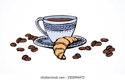 Old classic percolator, fresh hot black sweet brazil cocoa on white table. Hand drawn tasty tea dishware menu. Arabian coffe cutlery ware crockery sketch in art cartoon style on space for text
