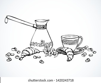 Old classic percolator, fresh hot black sweet brazil cocoa set on white table. Hand drawn tasty tea menu symbol. Arabian coffe cezve ware crockery sketch in art antique cartoon style on space for text