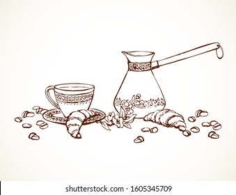 Old classic percolator, fresh hot black sweet brazil cocoa set on white table. Hand drawn tasty tea menu symbol. Arabian coffe cezve ware crockery sketch in art antique cartoon style on space for text
